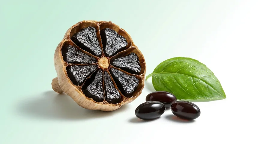 Alho negro fermentado cortado e cápsulas